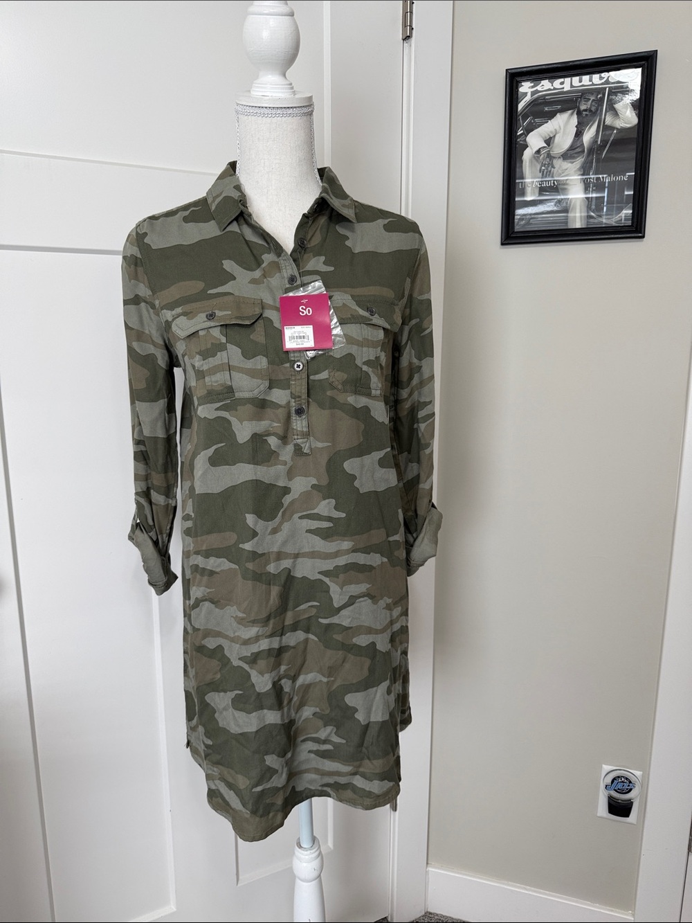 Women's Green Camouflage Button-Down Shirt Dress - SIze S